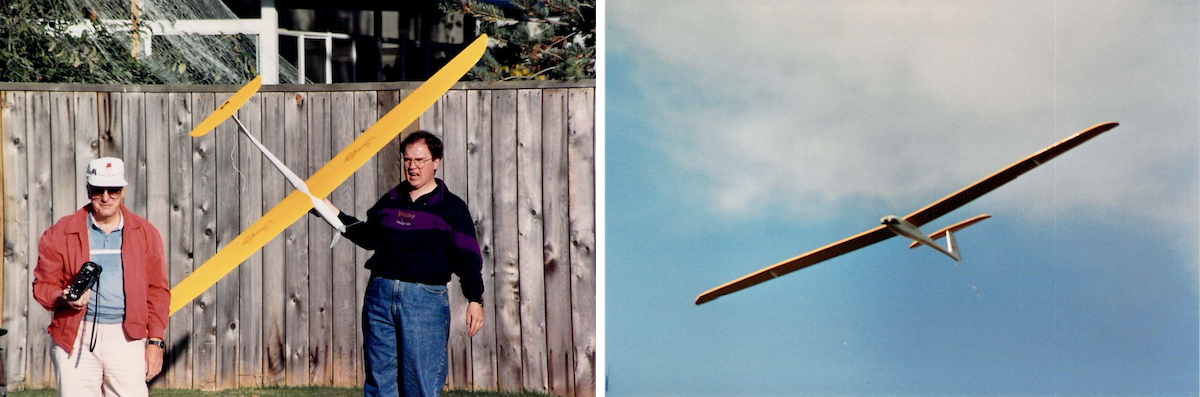 A montage of two photos: on the left is a picture of a man in a flat-brimmed trucker hat and another, younger man wearing baggy, ill-fitting jeans and a purple fleece pullover. The man on the left is holding a radio-control transmitter and the one on the right is holding a model glider — called a Sunfly — with a white fuselage and yellow flying surfaces. In the second photo, on the right, the same model glider is flying with a background of clear blue sky. (📸 Terence C. Gannon)